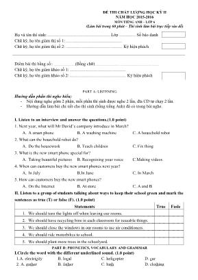 Đề thi chất lượng học kỳ II môn Tiếng Anh Lớp 6 - Năm học 2015-2016 (Có đáp án)